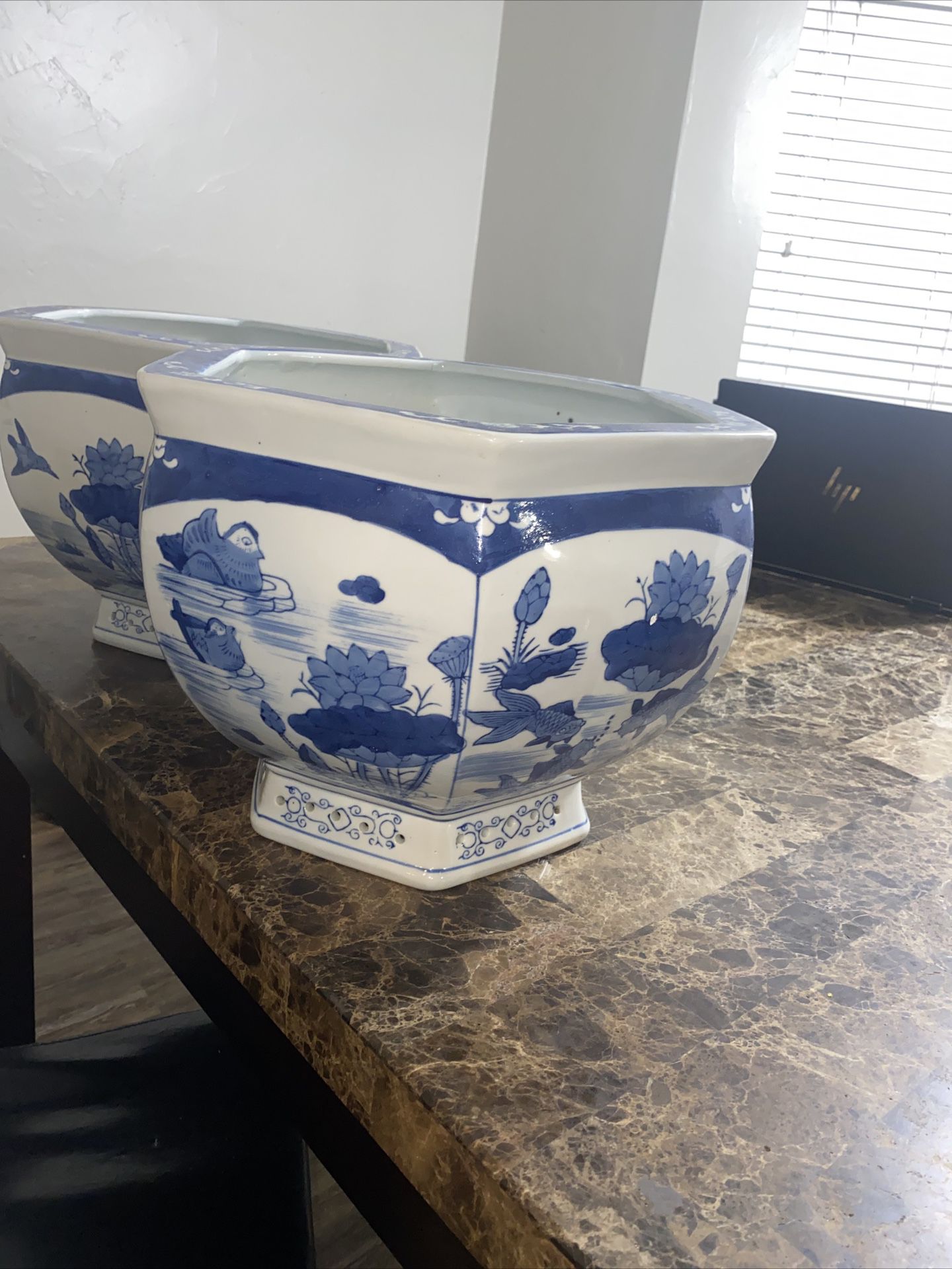 Large Asian White and Blue Planters 