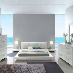 Brand New 4 PC White Platform Bedroom Set with Upholstered Headboard