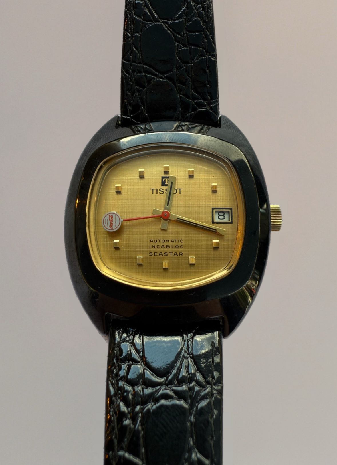Vintage 70’s Tissot Sea Star Automatic Day Date Coca Cola Watch Crocodile Band