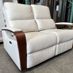 Hutchins Leather Power Reclining Loveseat with Power Headrests, Ivory
