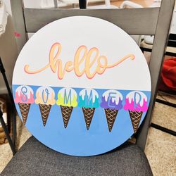 🍦 Handmade “Hello Summer” 14x14 Round Wooden Sign – Bright & Fun!