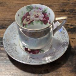 Floral Porcelain Iridescent Footed Teacup & Saucer Set Gold Trim 2-Pc