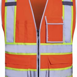 Orange Safety Vest W/10 Pockets Meet ANSI/ISEA TypeR Class2 HighVisibility Large