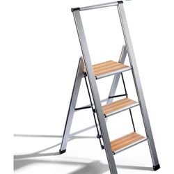 Step Ladder 3 Step Folding, Decorative - Beautiful Bamboo &Silver Aluminum, Ultra Slim Profile, Anti Slip Steps, Sturdy-Portable for Home, Office, Kit