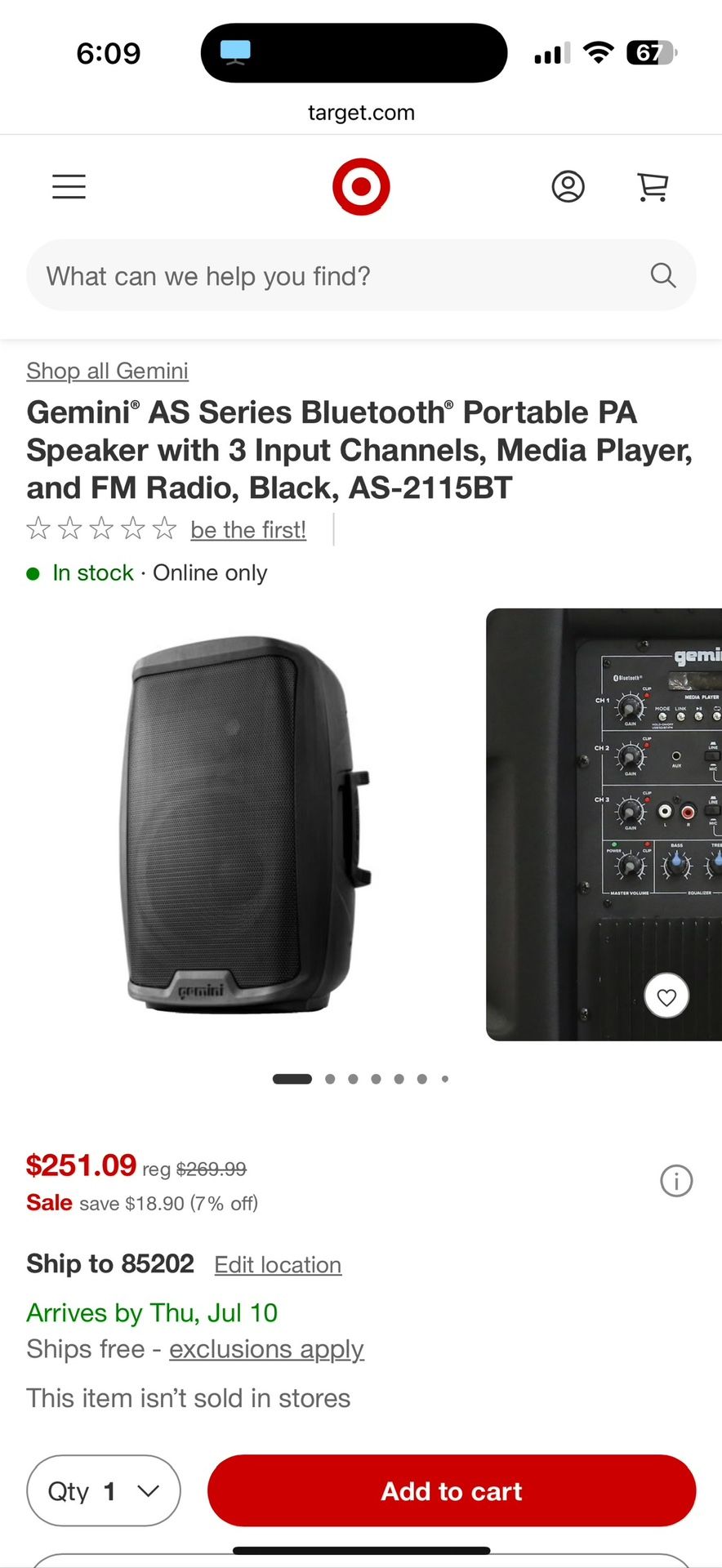 Gemini® AS Series Bluetooth® Portable PA Speaker- 3 Input Channels, Media Player, and FM Radio New $180