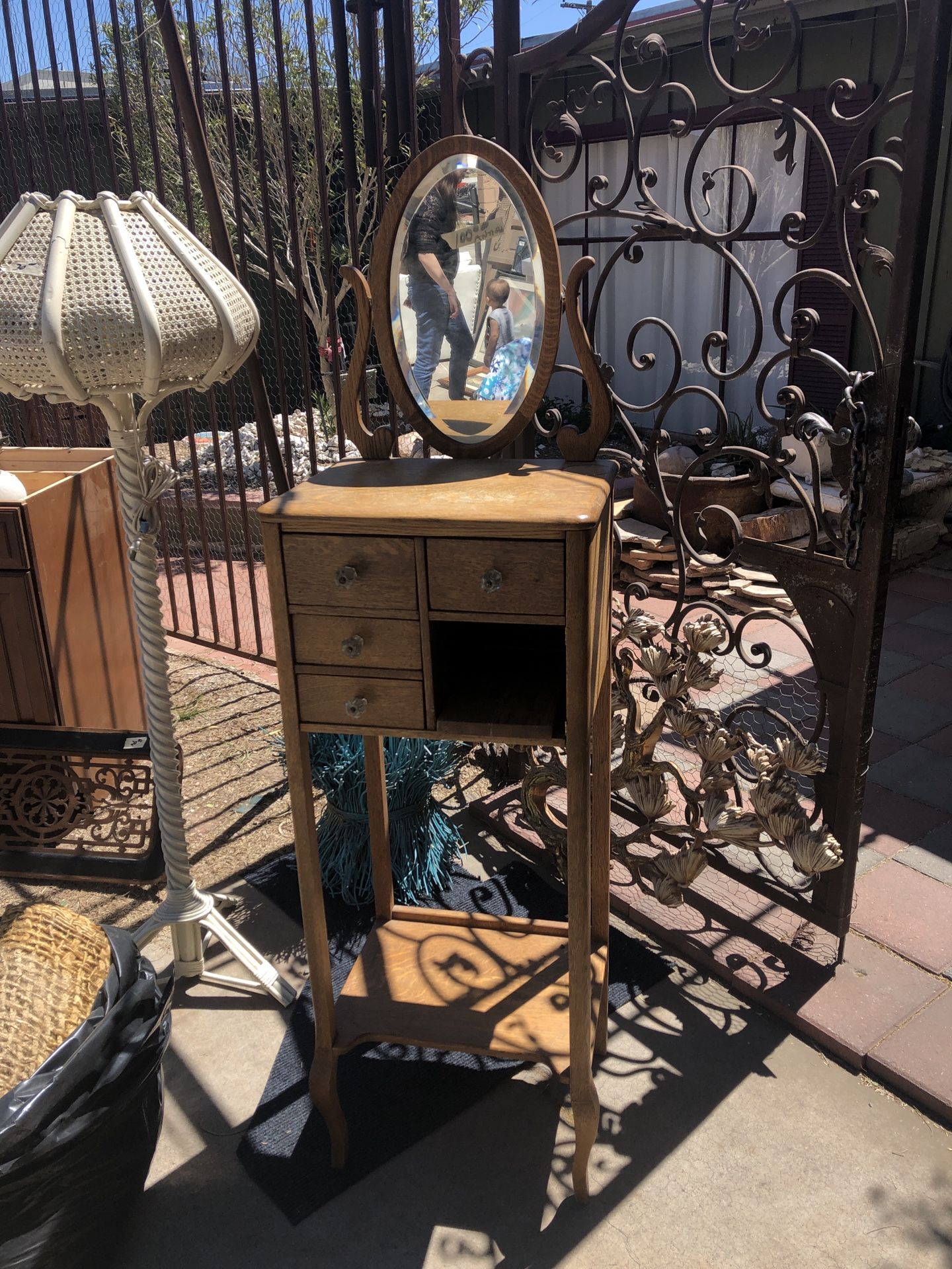 Antique shaving stand & pr French chairs