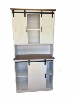 Pantry Freestanding Hutch Storage Cabinet with Sliding Barn Door White Paint Finish