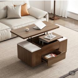 39" Lift-Top Foldable Walnut Coffee Table With 4 Stools & Storage