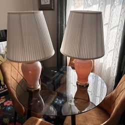 🌸 Pair of Pink Glass Table Lamps w/ White Pleated Shades – Vintage Style