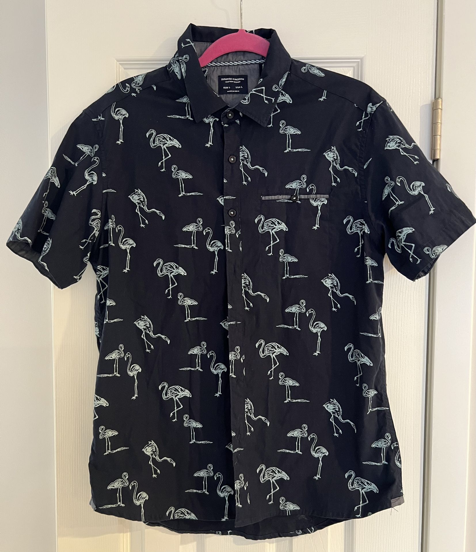 Sunrise Kingdom Blue Flamingo Button Up Short Sleeve Shirt Men’s L