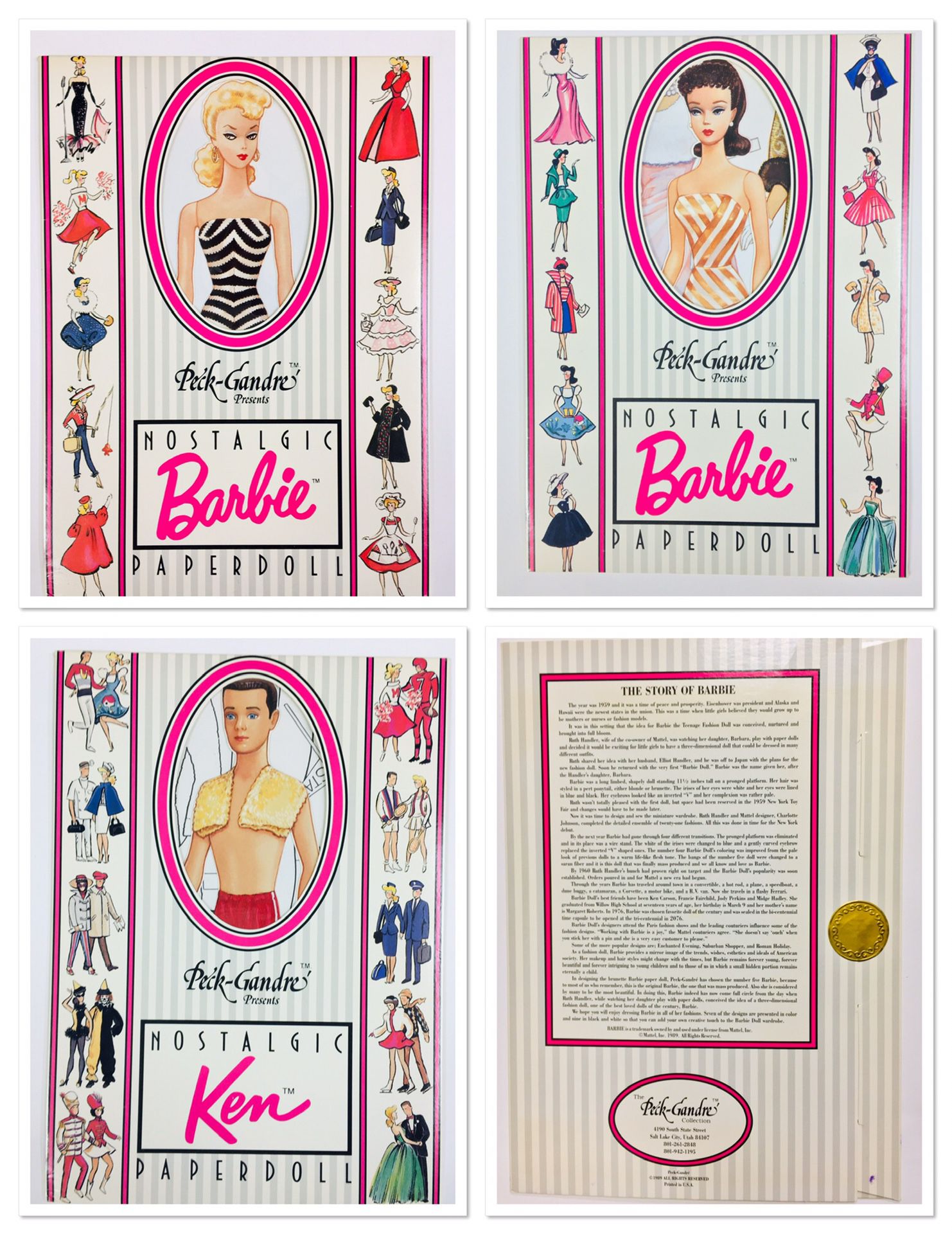Three sets of vintage Barbie nostalgic paper doll sets. There is brunette Barbie, blonde Barbie, and Ken. Each set comes with a 12 inch paper towel a