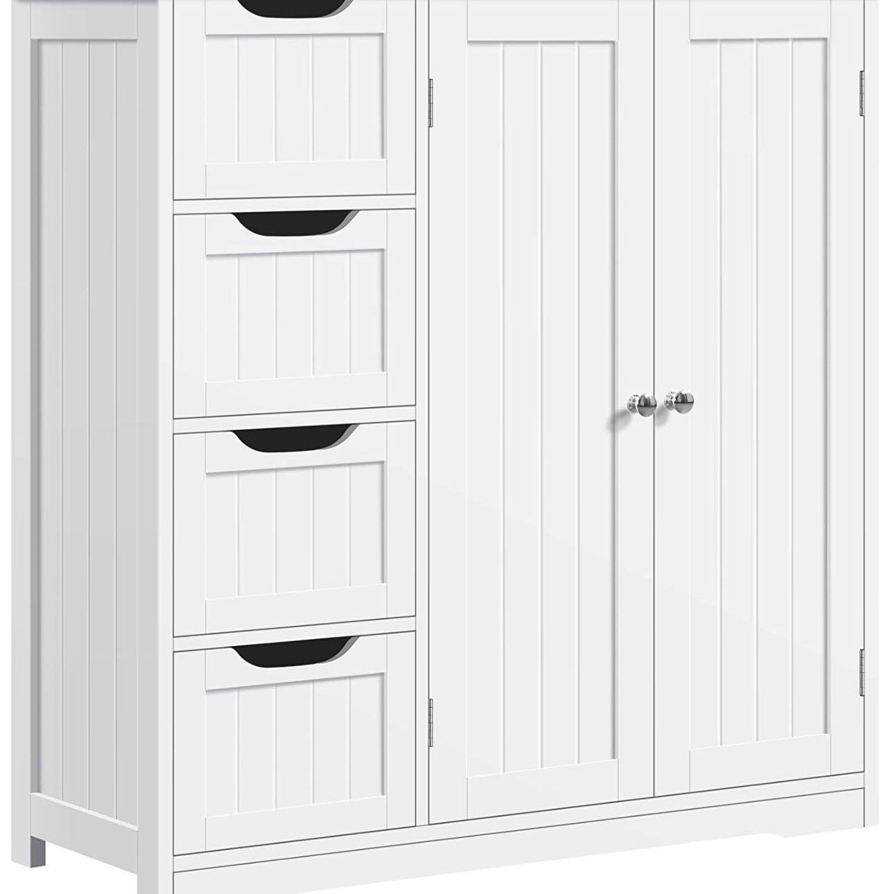 Wooden Bathroom Floor Cabinet, Side Storage Organizer Cabinet with 4 Drawers & Double Doors, Freestanding Entryway Storage Unit Console Table, Bathroo