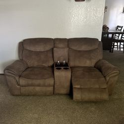 2 Brown Couch Recliner + Storage + Cord Connect 
