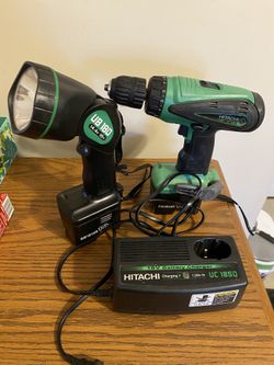 Hitachi Drill, Flashlight And A Battery Charger 