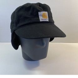 Vtg Carhartt Black Cotton Insulated Ear Flaps Work Cap Hat Flat Bill Adult