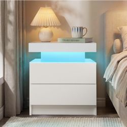 Set Of 1, LED Night Stand White Nightstand with 2 Drawers
