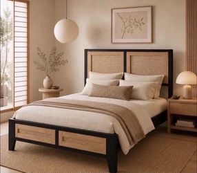 Full Size Rattan Bed Frame with Headboard, Boho Metal Platform Bed.