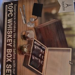 Appetit 10PC Whiskey Wooden Box Set 2 Glasses with Chilling Stones & Thongs NEW