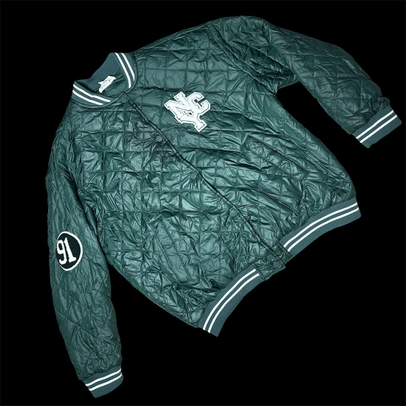 Unisex green college bomber jacket, size L, unisex puffer jacket