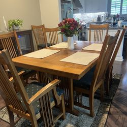 Solid Oak Mission Style Table With Leaf Insert And 8 Chairs