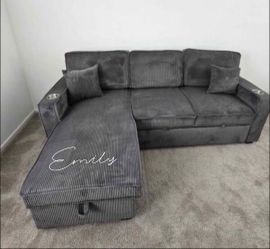 Stylish! 2-Pc Gray Corduroy Sectional Sofa With Pull-out Bed, Storage, And USB Port