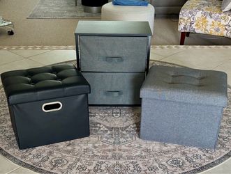 3Pcs. 2-Drawer End Table and 2 Lidded Storage Ottomans