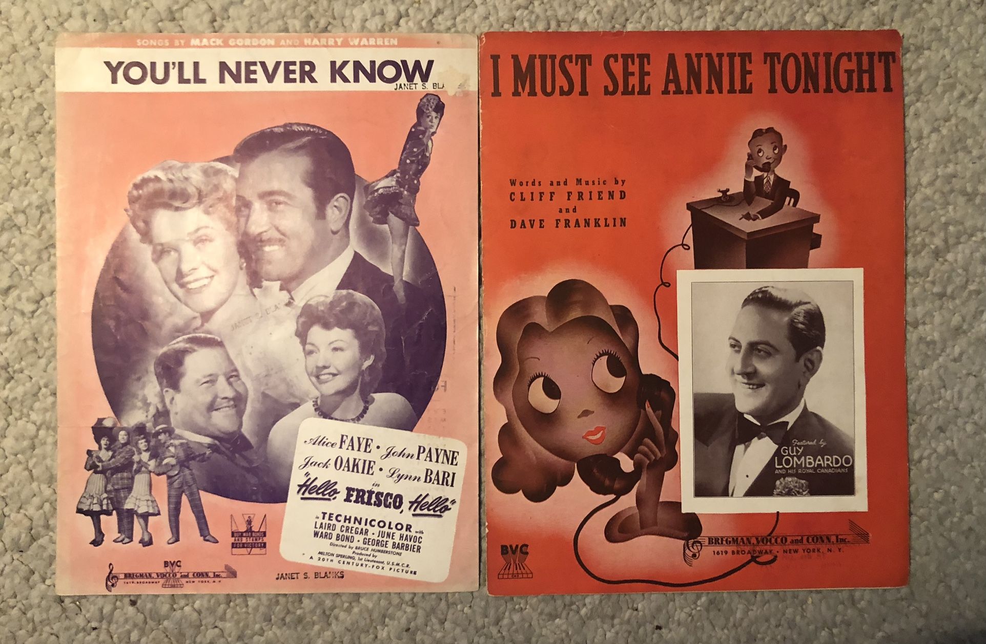 Vintage Sheet Music-I Must See Annie Tonight Guy Lombardo 1938-You’ll Never Know