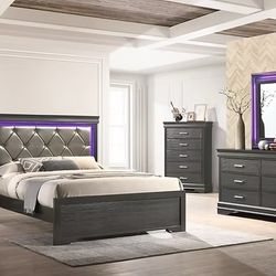 New Free Queen Mattress With New Gray 5 PC Bedroom Set With Led Lights!