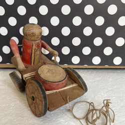 Vintage Hand Made Asian Toy Man On Wheeled Platform Playing Drum w Pull String