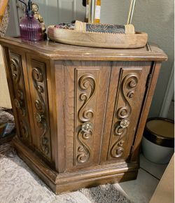Moving 2 days left!   Vintage Octagon Wood End Table – Carved Cabinet Storage – Ornate Floral Detail