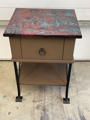 Small multicolor epoxy top nightstand or end side or accent table 23.5”H x 17.5”L x 15.5”