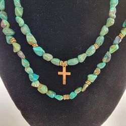 Double Strand Turquoise Necklace with a Gold Cross Pendant, Make an Offer