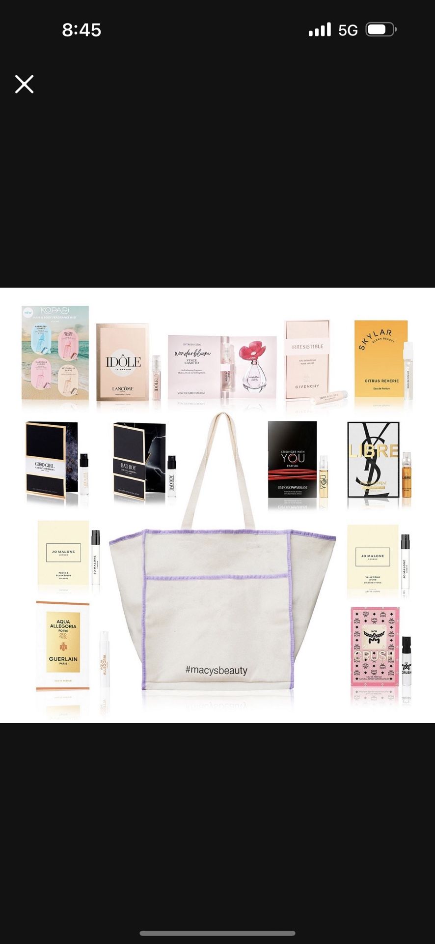 New— Macys Canvas with 15 fragrance samples