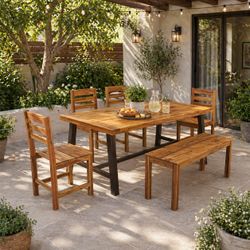 Outdoor Patio Acacia Wood Dining Set - 79” Dining Table / 4 Chairs / 2-Person Bench [NEW IN BOX] <Assembly Required> 