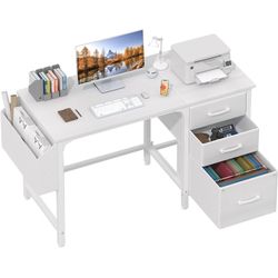 White Desk with Fabric File Drawers Cabinet, 47 Inch Reversible Computer Desk with Filing Cabinet for Bedroom Small Space Home Office, Modern Writing 