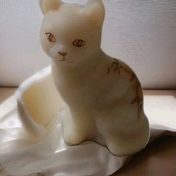 Rare Fenton Cat Chocolate Satin Glass Hand Painted Artist Signed & Label.