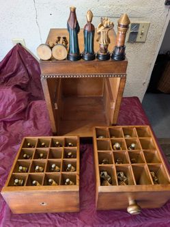 Hand Carved Wooden Chess Set & Custom Cabinet