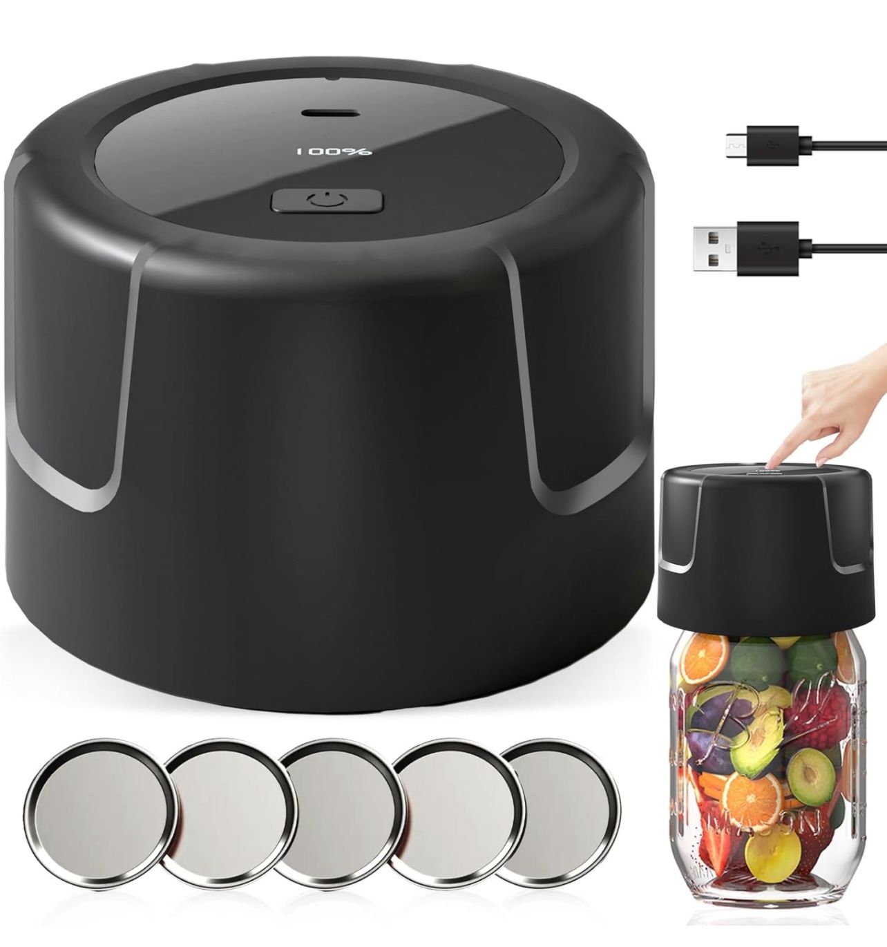 Electric Mason Jar Vacuum Sealer - 85kPa Strong Suction Vacuum Sealing Machine with Regular Mouth Mason Jar Lids - Silent Rechargeable Portable Vacuum