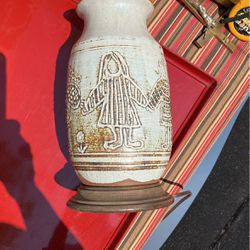 Vintage studio pottery incised Mushrooms flowers and kids Table lamp