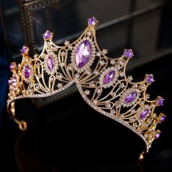 Bridal Purple Gem Queen Crown Tiara gold plated for ladies