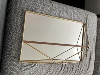 Geometric Gold Mirror with Wood Shelf