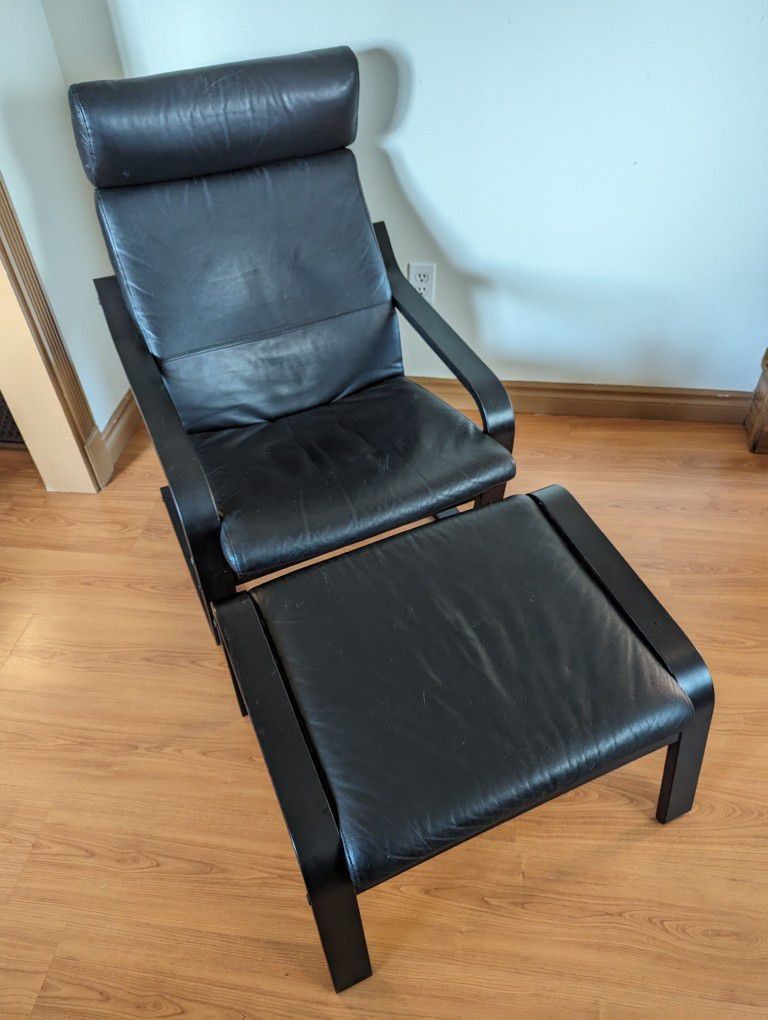 Ikea Poang Chair And Footrest - Black With Leather Cushions