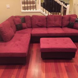 Red Microfiber Sectional Couch And Ottoman