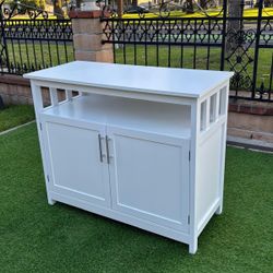 White Bar Cabinet with Wood Shelves for Living Room and Entryway