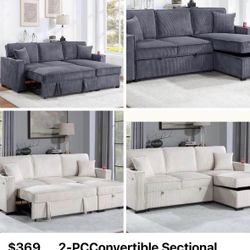 $369.     2-PCConvertible Sectional  Sleeper Sofa W/ Cupholder Sofa Storage & USB Ports  89”x 59”X36”H