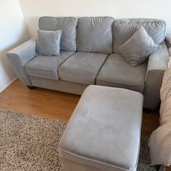 Long Sofa Couch w/Ottoman & 4 pillows - light grey blue