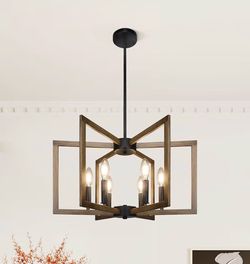 6-Light Modern Farmhouse Pendant Lights for Kitchen Island, Vintage Geometric Dining Room Lighting Hanging, Industrial Chandelier for Hallway Foyer, R