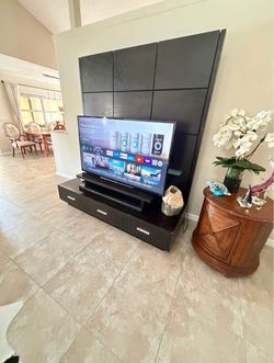 Black TV Stand with Wall Panel and Drawers