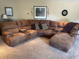 Brown Microfiber Power Reclining Sectional with Chaise and Consoles