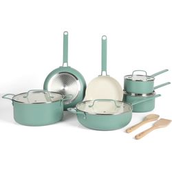 Martha Stewart Emmeline Premium Nonstick PFA Free Ceramic Interior 12 Piece Heavy Gauge Enamel Aluminum Pots and Pans Cookware Set - Teal